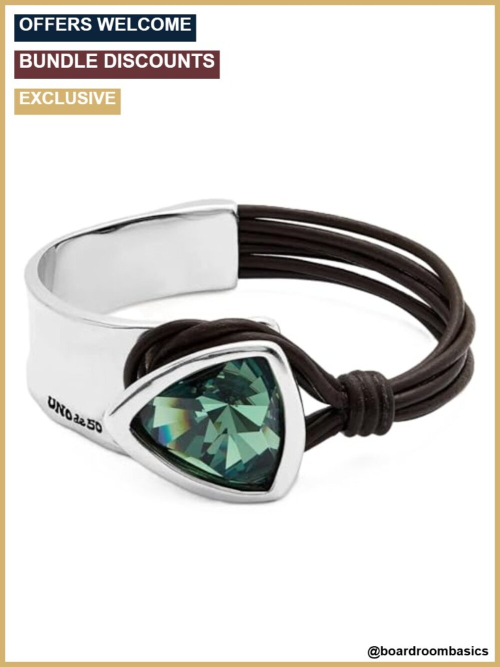 Sterling Silver-Plated Leather Green Faceted Crystal Rigid Bracelet Cuff